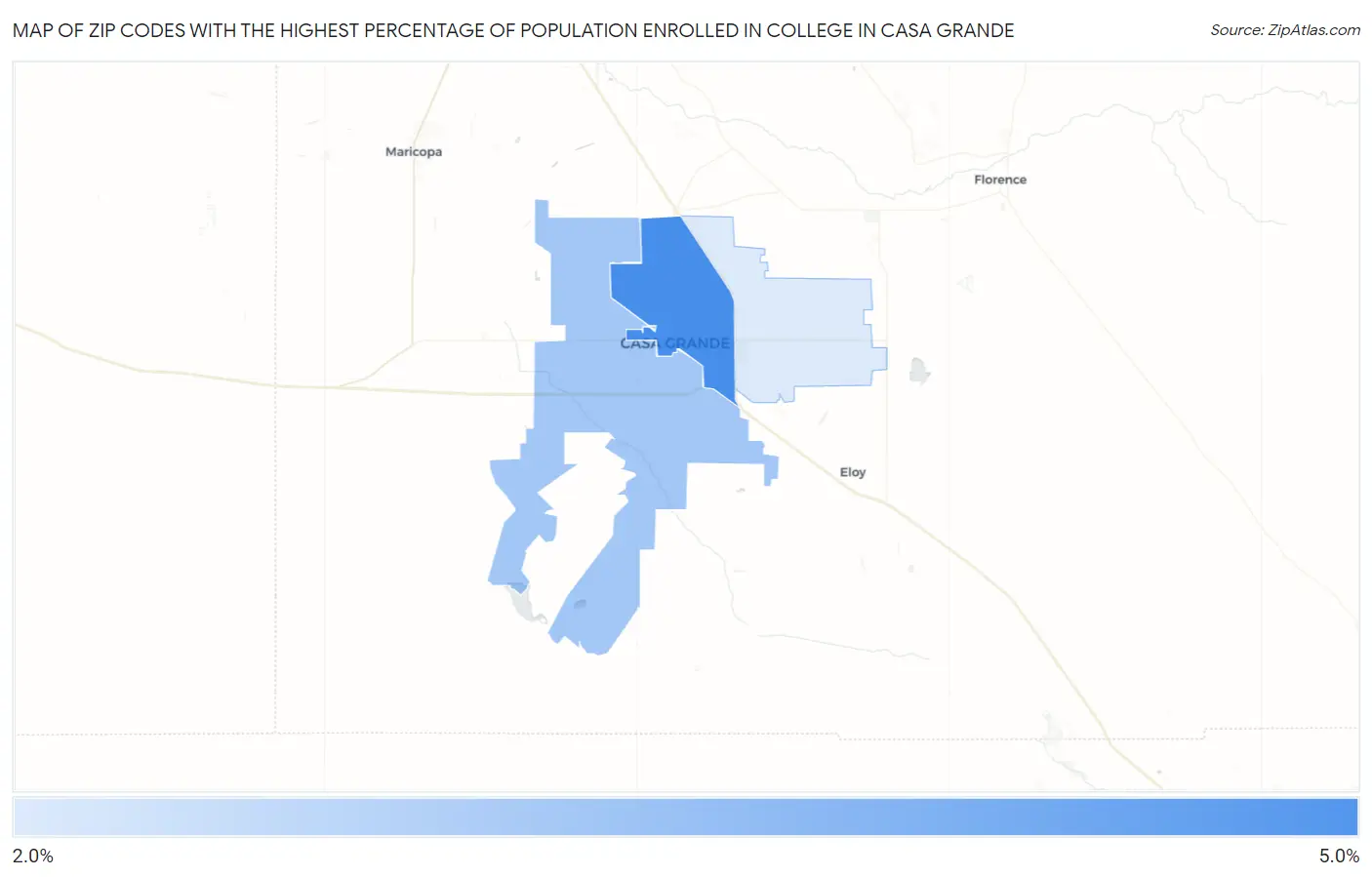Zip Codes with the Highest Percentage of Population Enrolled in College in Casa Grande Map