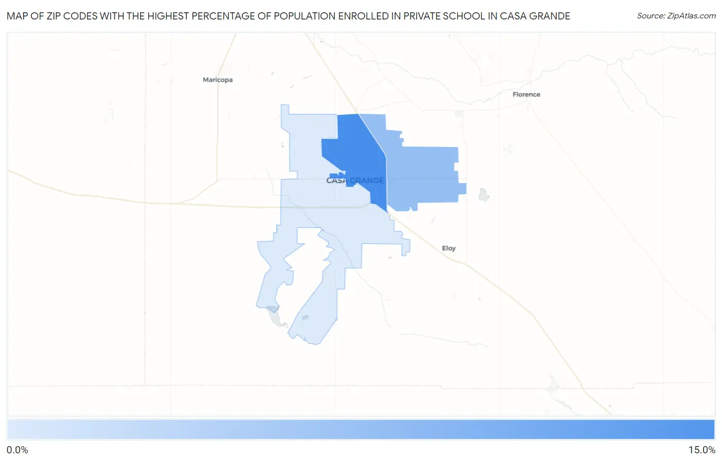 Zip Codes with the Highest Percentage of Population Enrolled in Private School in Casa Grande Map
