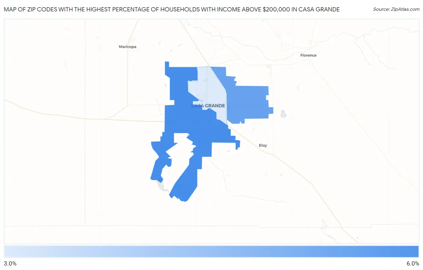 Zip Codes with the Highest Percentage of Households with Income Above $200,000 in Casa Grande Map