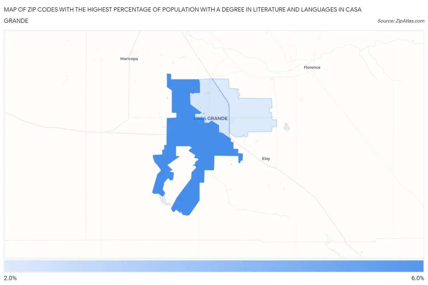 Zip Codes with the Highest Percentage of Population with a Degree in Literature and Languages in Casa Grande Map
