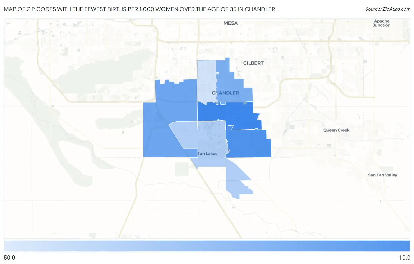 Zip Codes with the Fewest Births per 1,000 Women Over the Age of 35 in Chandler Map