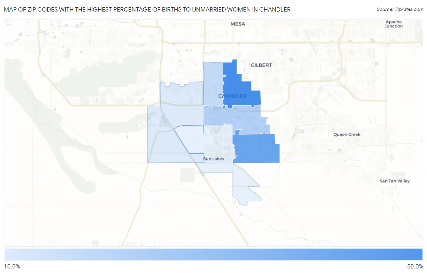Zip Codes with the Highest Percentage of Births to Unmarried Women in Chandler Map