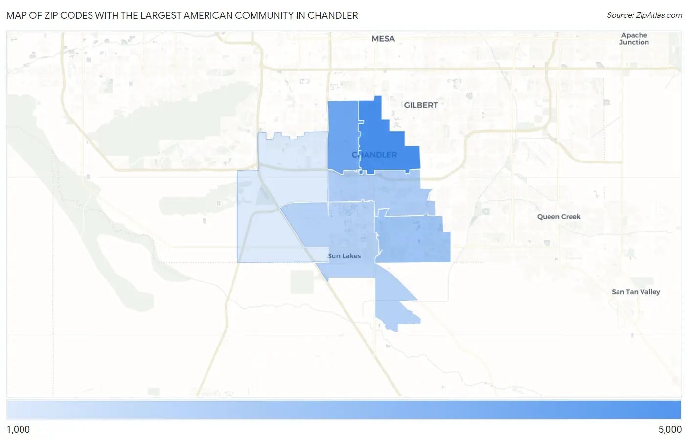 Zip Codes with the Largest American Community in Chandler Map