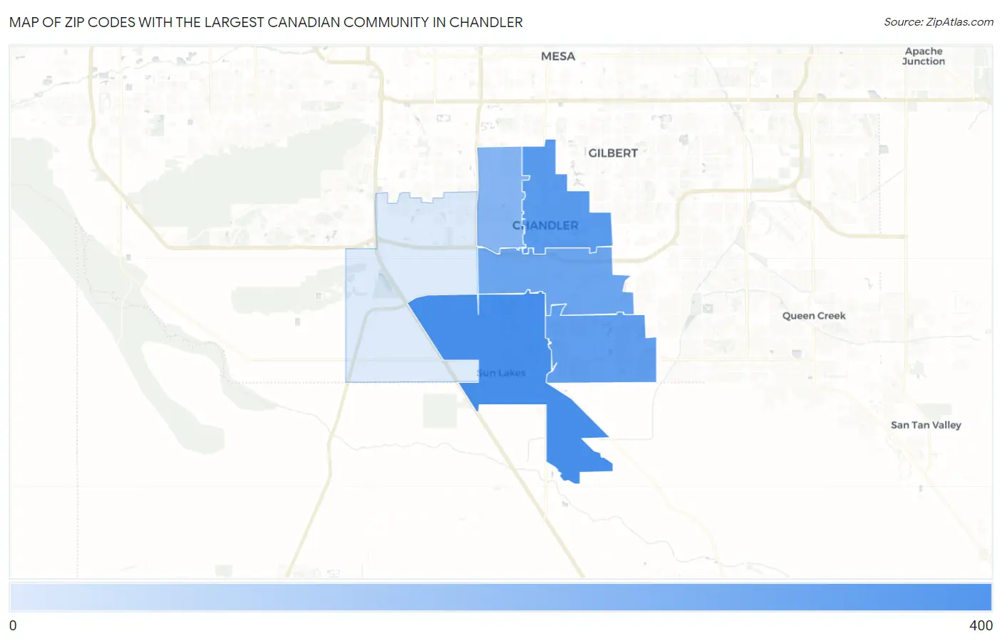 Zip Codes with the Largest Canadian Community in Chandler Map