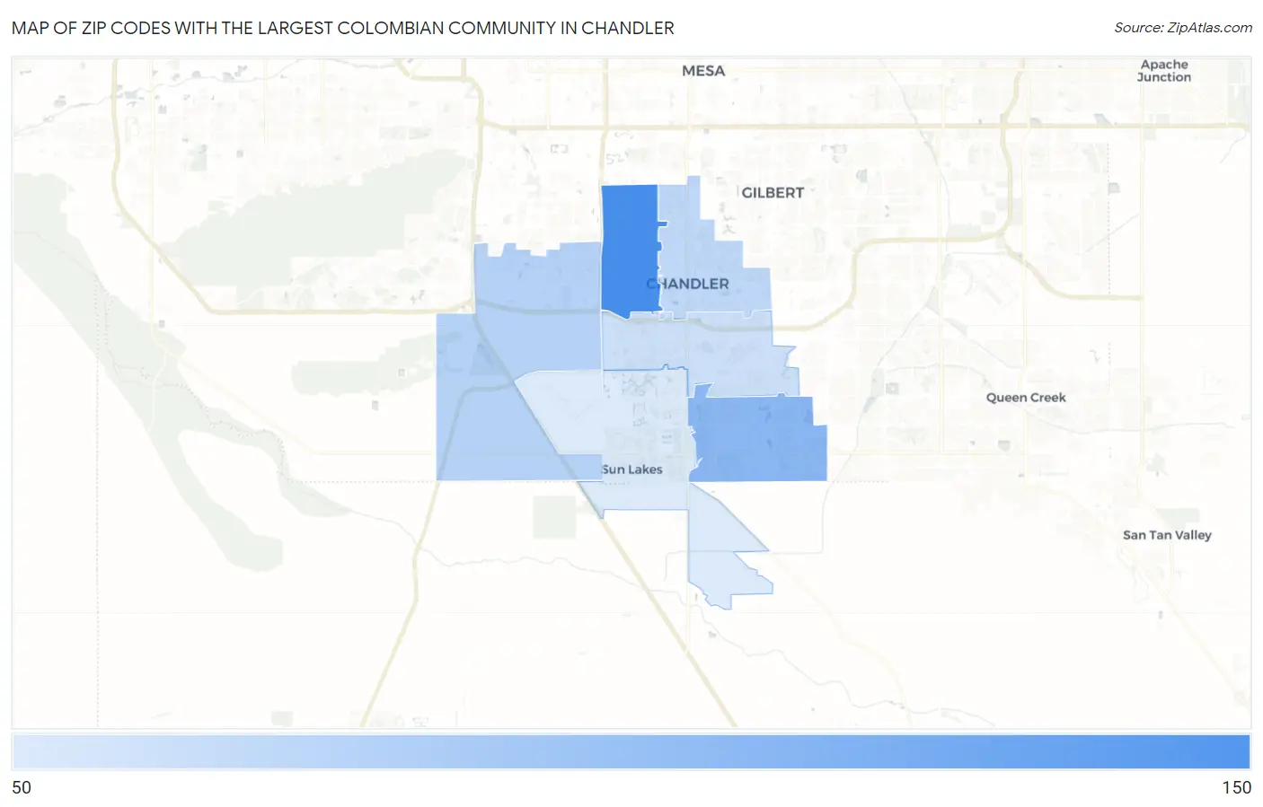Zip Codes with the Largest Colombian Community in Chandler Map