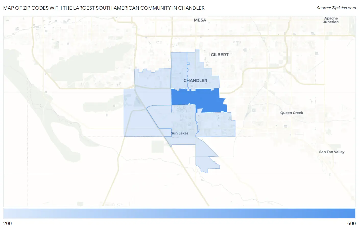Zip Codes with the Largest South American Community in Chandler Map