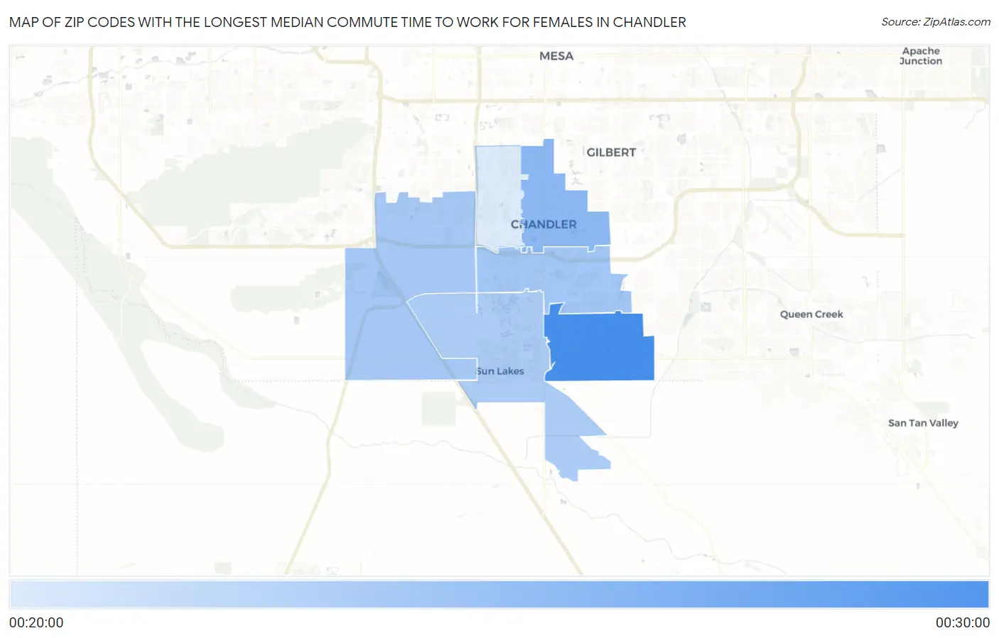 Zip Codes with the Longest Median Commute Time to Work for Females in Chandler Map