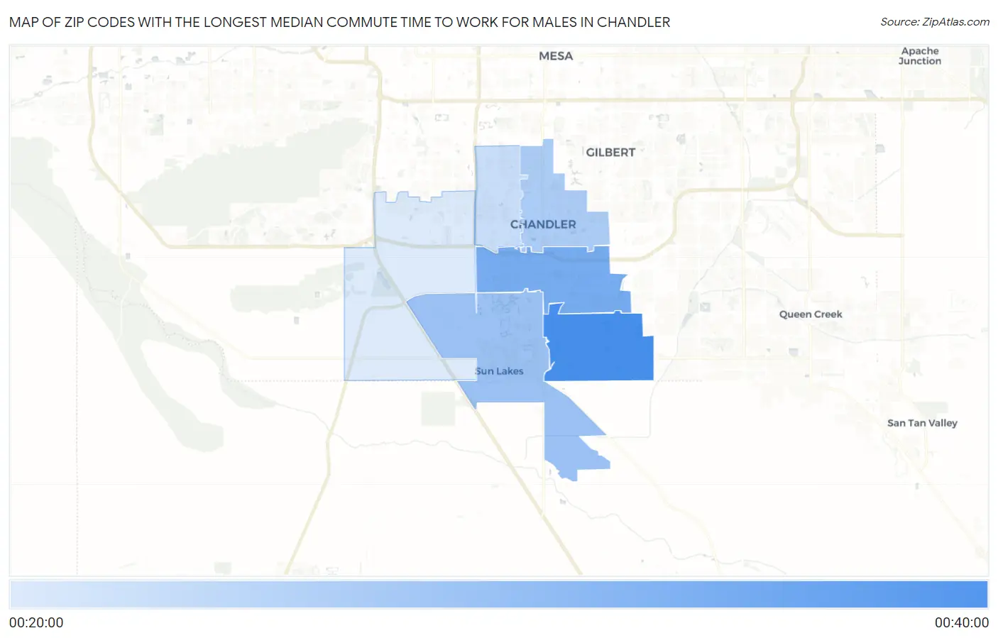 Zip Codes with the Longest Median Commute Time to Work for Males in Chandler Map