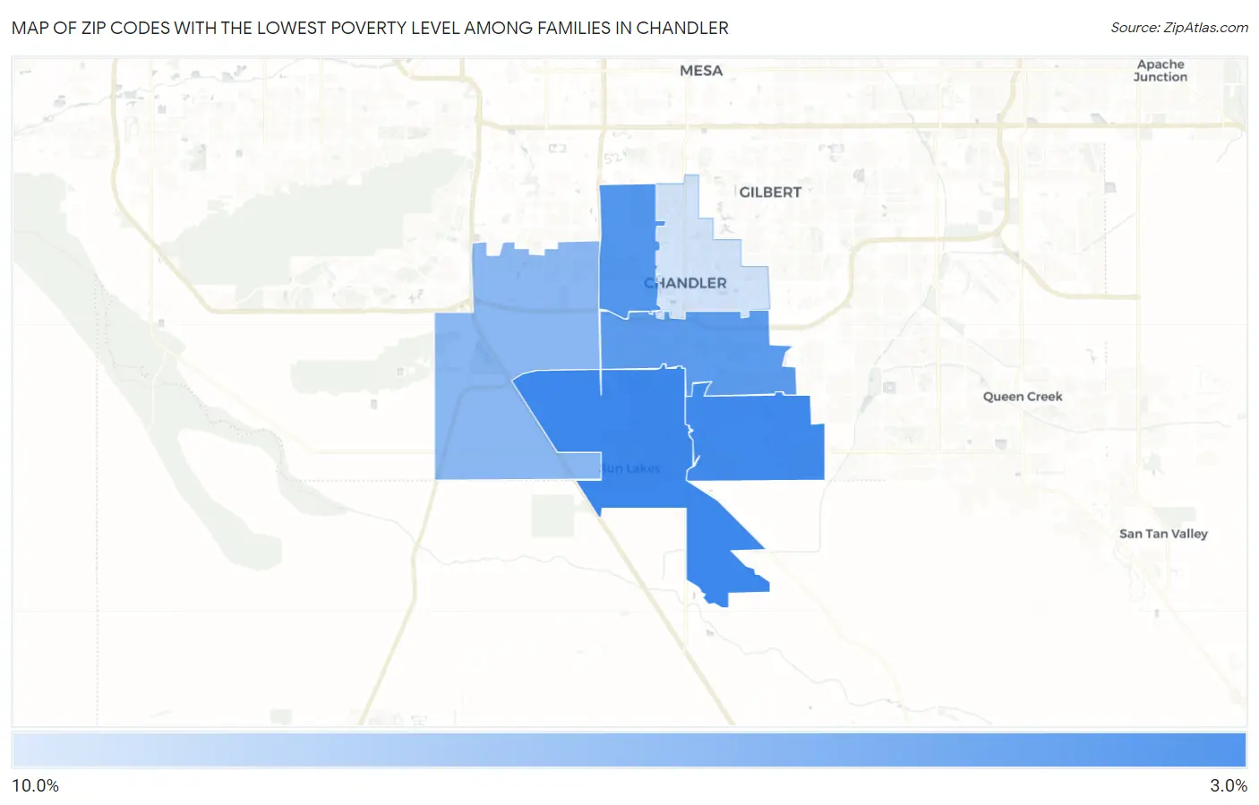 Zip Codes with the Lowest Poverty Level Among Families in Chandler Map