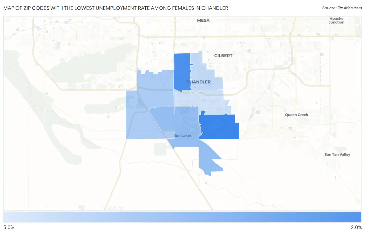 Zip Codes with the Lowest Unemployment Rate Among Females in Chandler Map