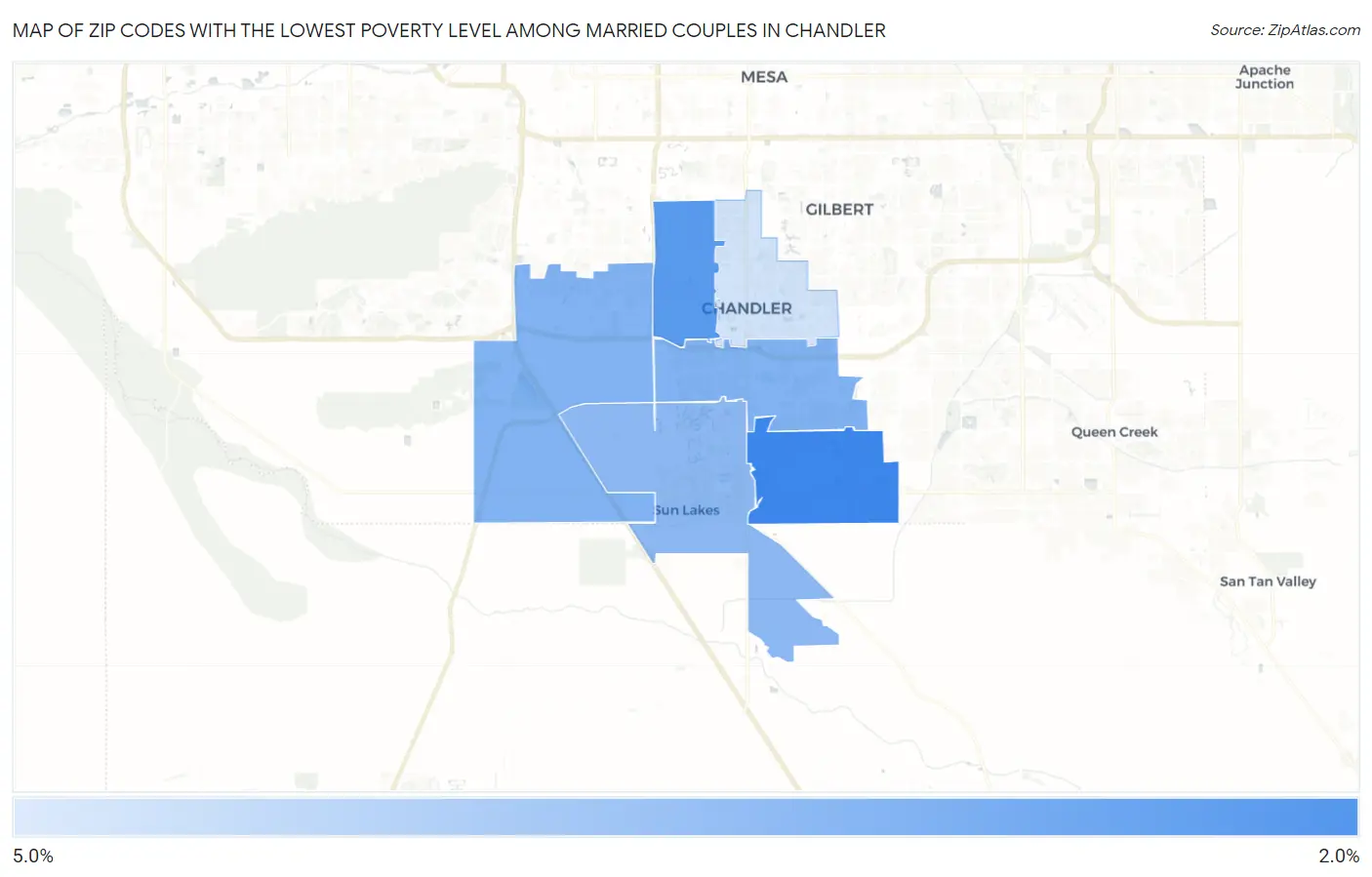 Zip Codes with the Lowest Poverty Level Among Married Couples in Chandler Map