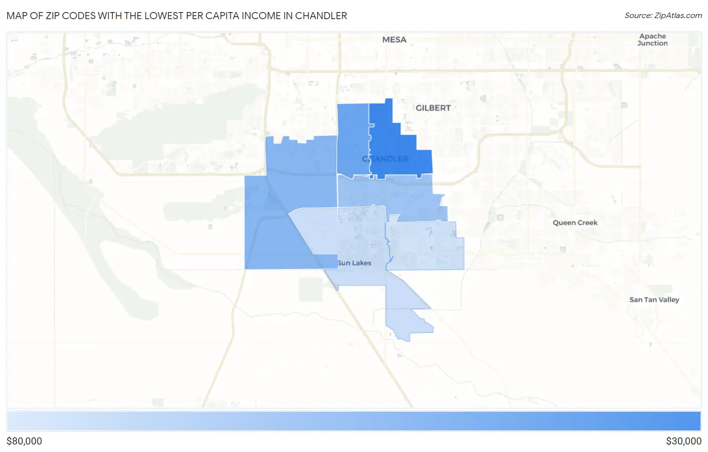 Zip Codes with the Lowest Per Capita Income in Chandler Map