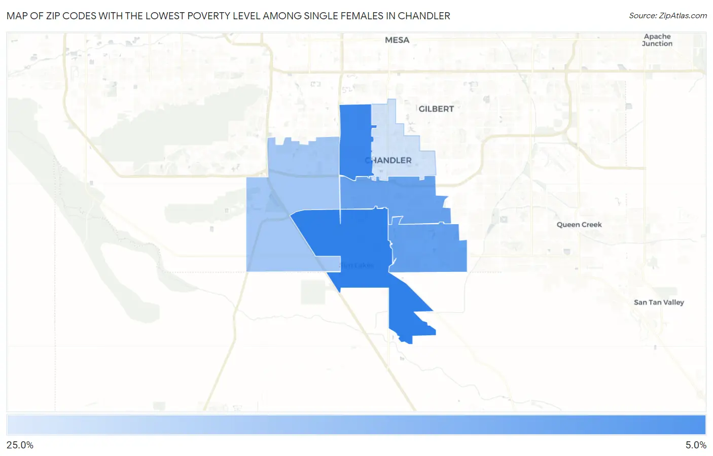 Zip Codes with the Lowest Poverty Level Among Single Females in Chandler Map