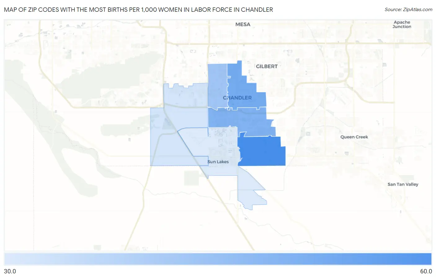Zip Codes with the Most Births per 1,000 Women in Labor Force in Chandler Map