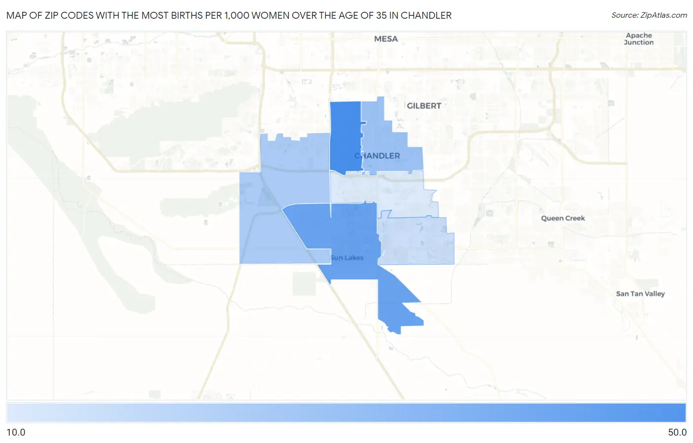 Zip Codes with the Most Births per 1,000 Women Over the Age of 35 in Chandler Map