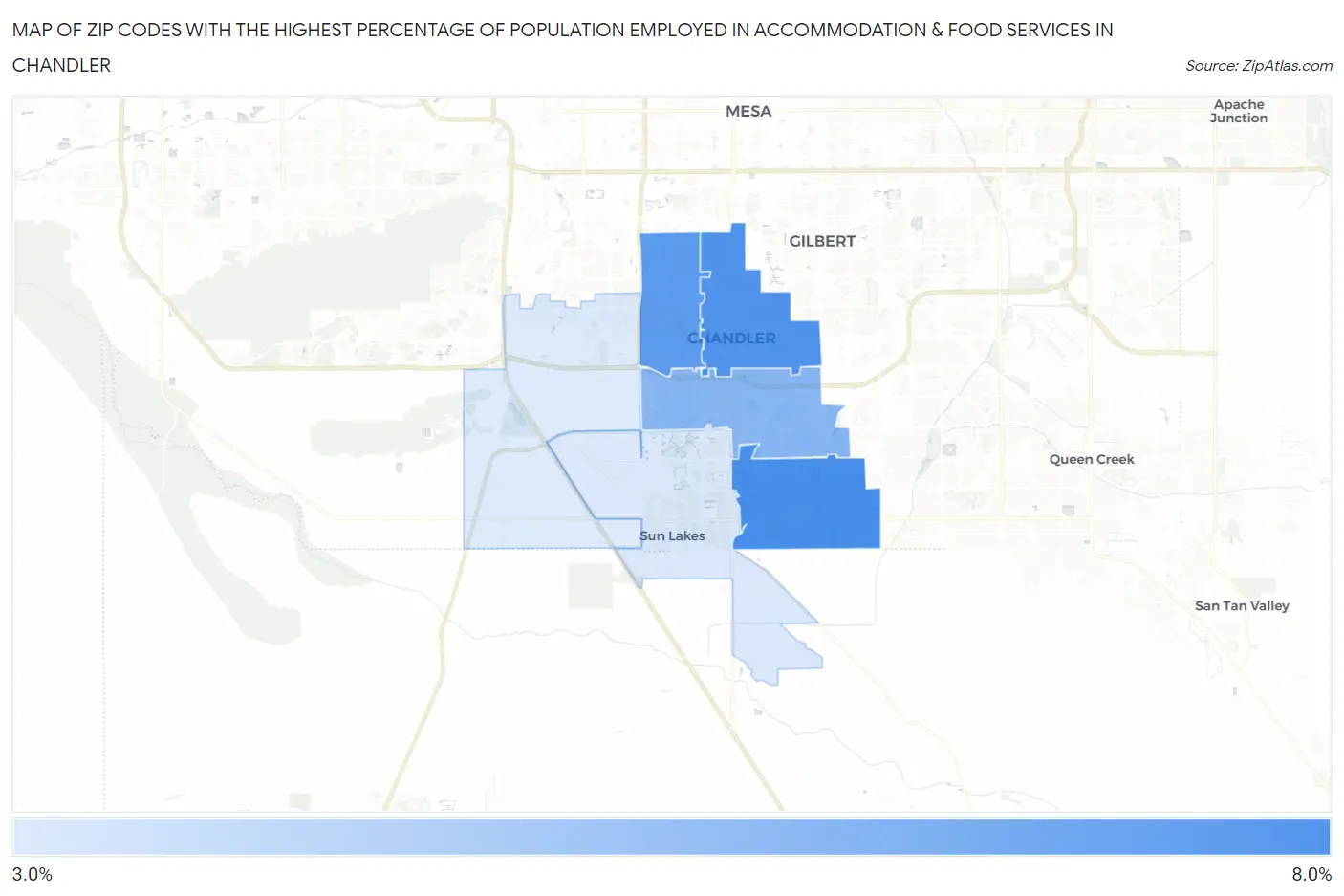 Zip Codes with the Highest Percentage of Population Employed in Accommodation & Food Services in Chandler Map