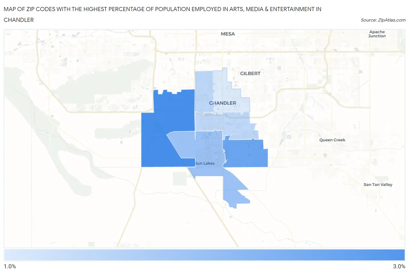 Zip Codes with the Highest Percentage of Population Employed in Arts, Media & Entertainment in Chandler Map
