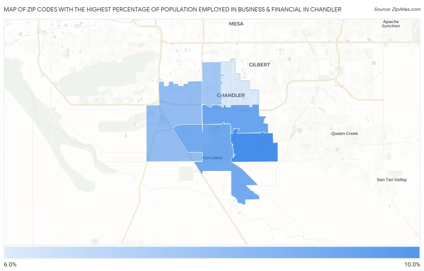Zip Codes with the Highest Percentage of Population Employed in Business & Financial in Chandler Map