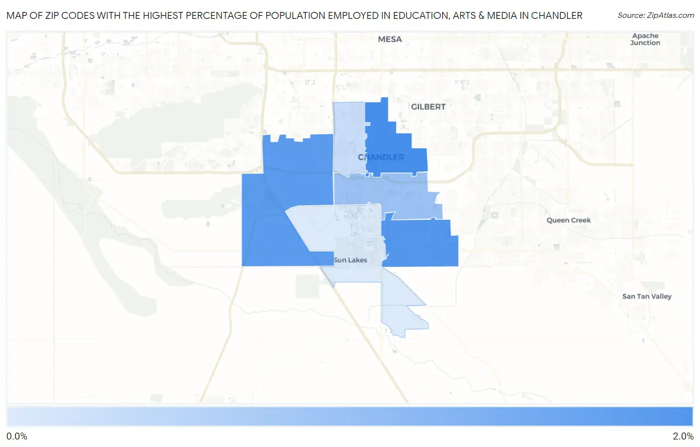 Zip Codes with the Highest Percentage of Population Employed in Education, Arts & Media in Chandler Map