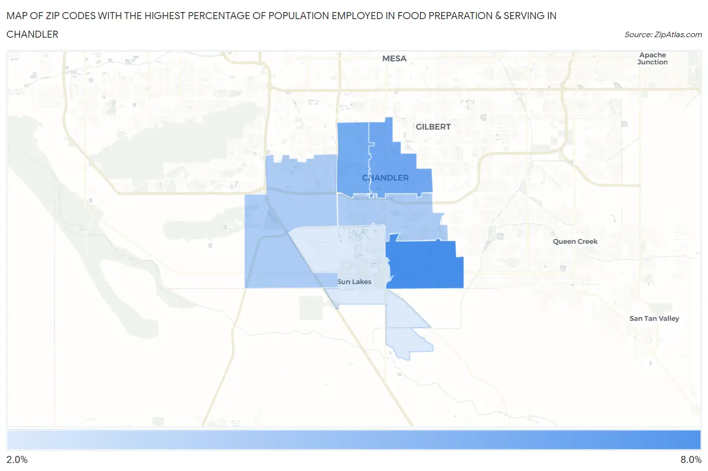 Zip Codes with the Highest Percentage of Population Employed in Food Preparation & Serving in Chandler Map