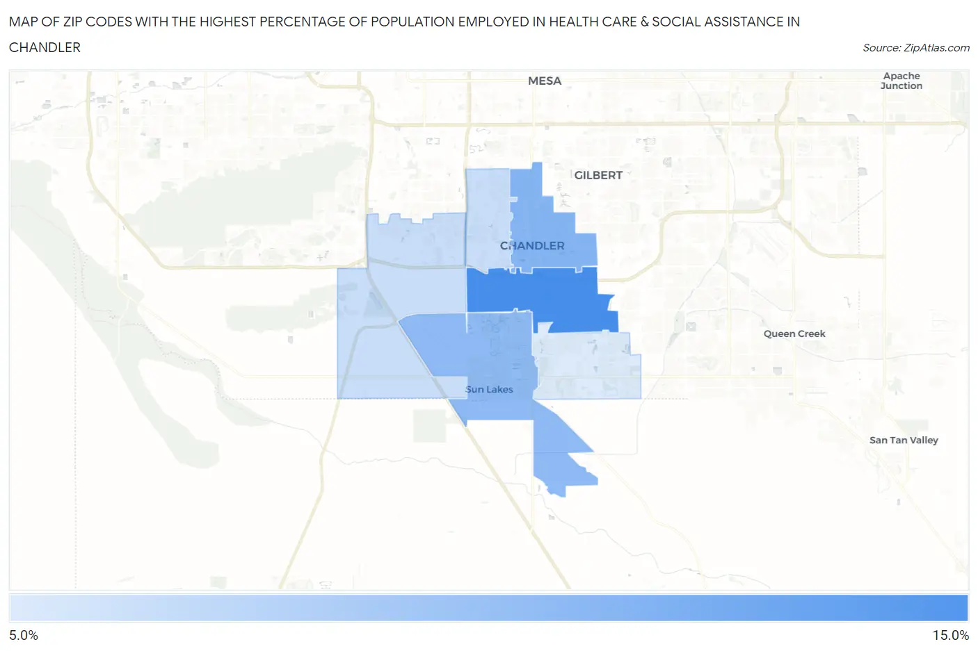 Zip Codes with the Highest Percentage of Population Employed in Health Care & Social Assistance in Chandler Map