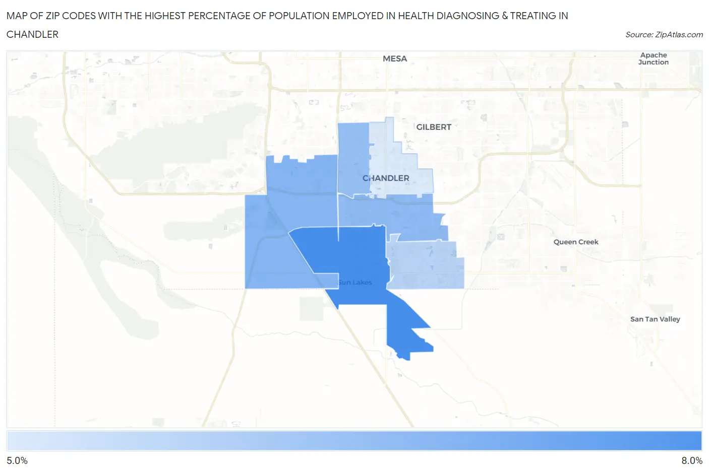 Zip Codes with the Highest Percentage of Population Employed in Health Diagnosing & Treating in Chandler Map