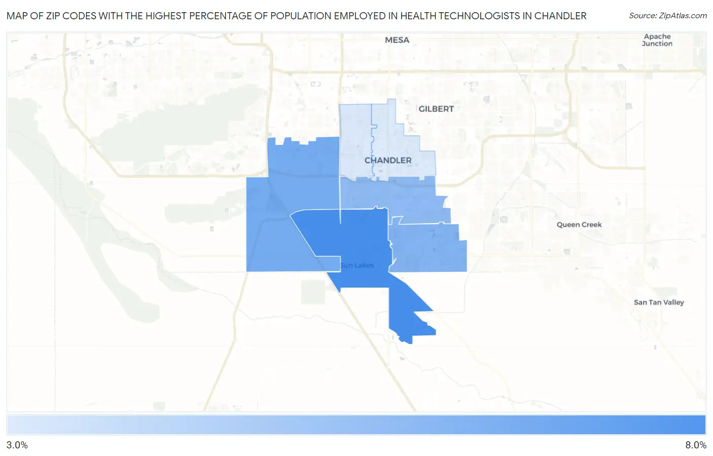 Zip Codes with the Highest Percentage of Population Employed in Health Technologists in Chandler Map