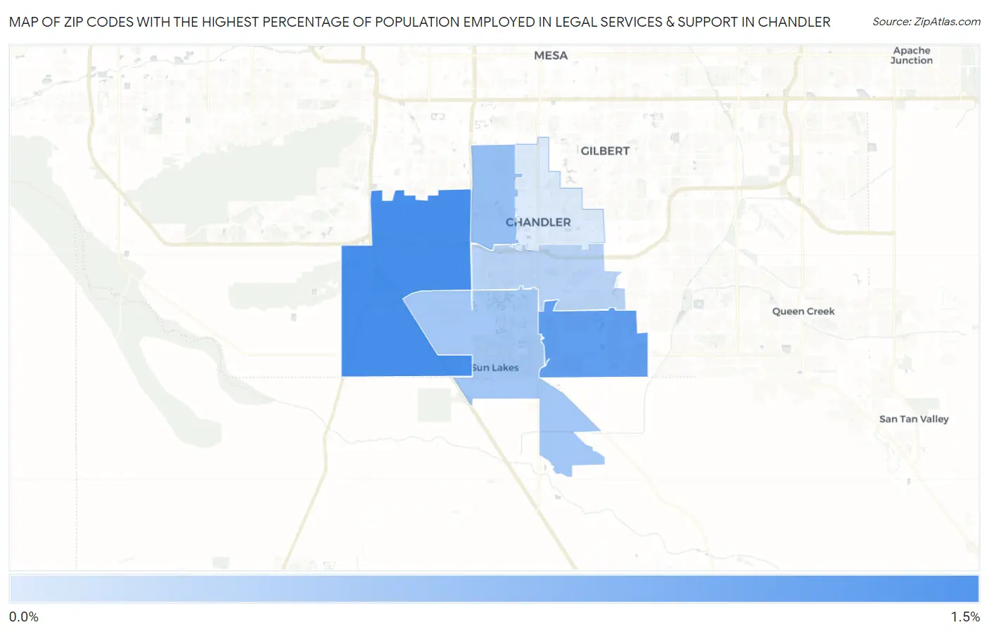 Zip Codes with the Highest Percentage of Population Employed in Legal Services & Support in Chandler Map