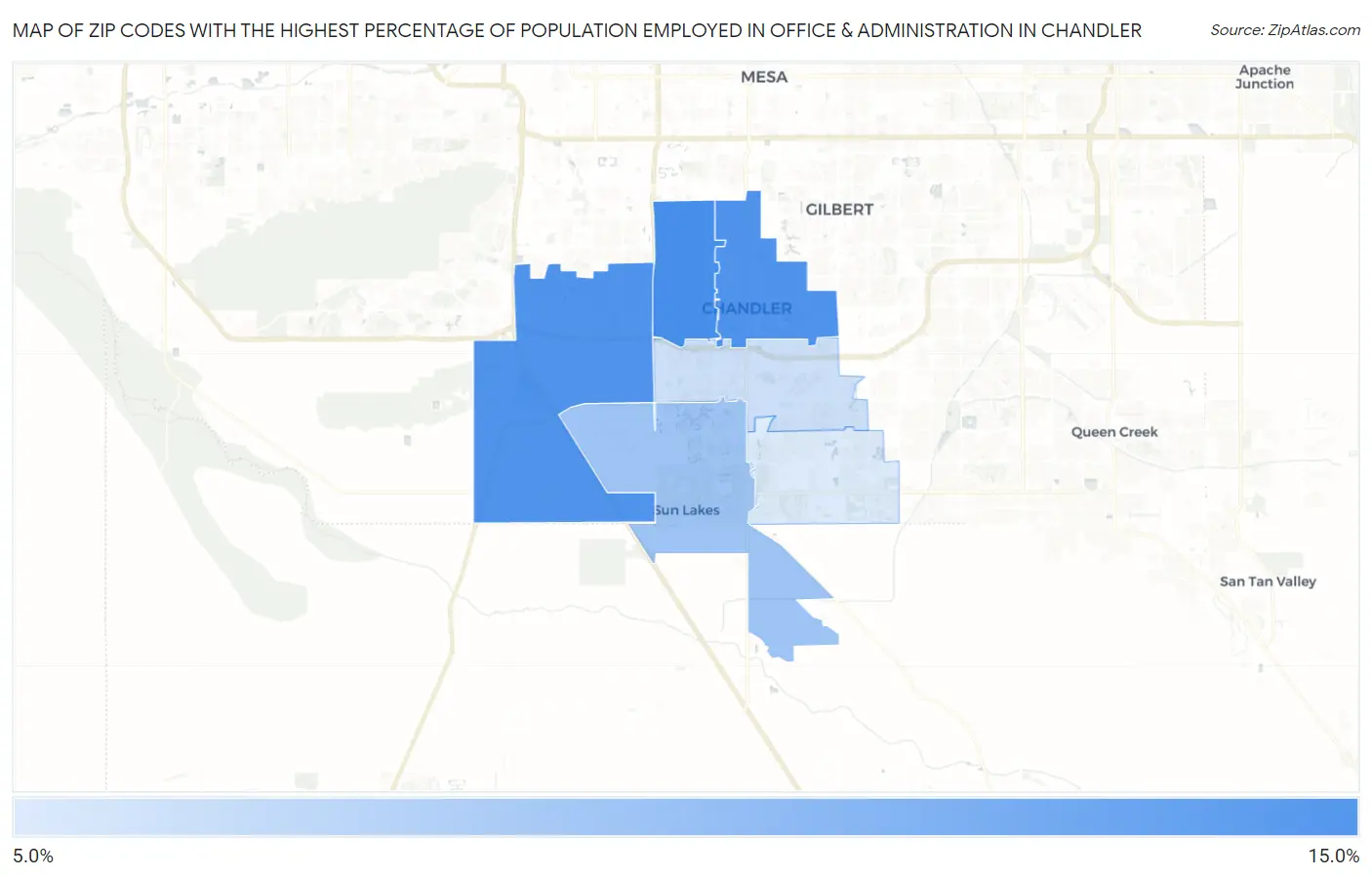 Zip Codes with the Highest Percentage of Population Employed in Office & Administration in Chandler Map