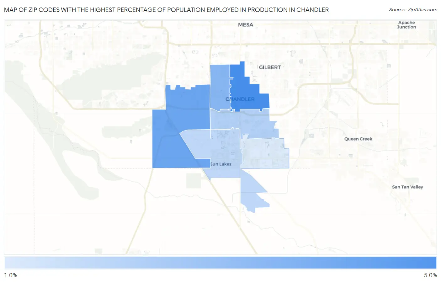 Zip Codes with the Highest Percentage of Population Employed in Production in Chandler Map