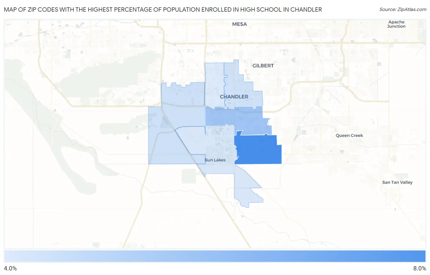 Zip Codes with the Highest Percentage of Population Enrolled in High School in Chandler Map