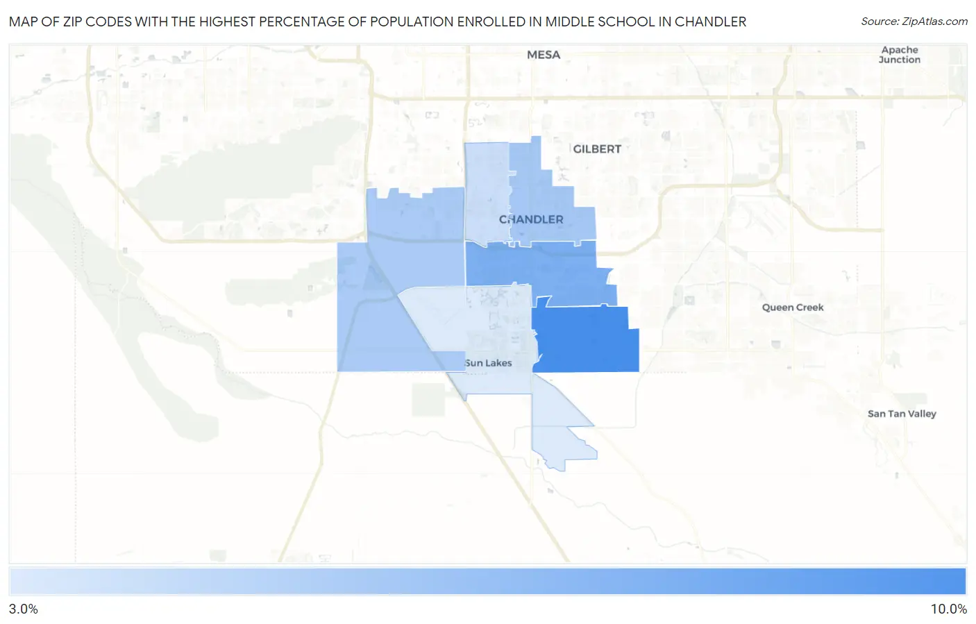 Zip Codes with the Highest Percentage of Population Enrolled in Middle School in Chandler Map