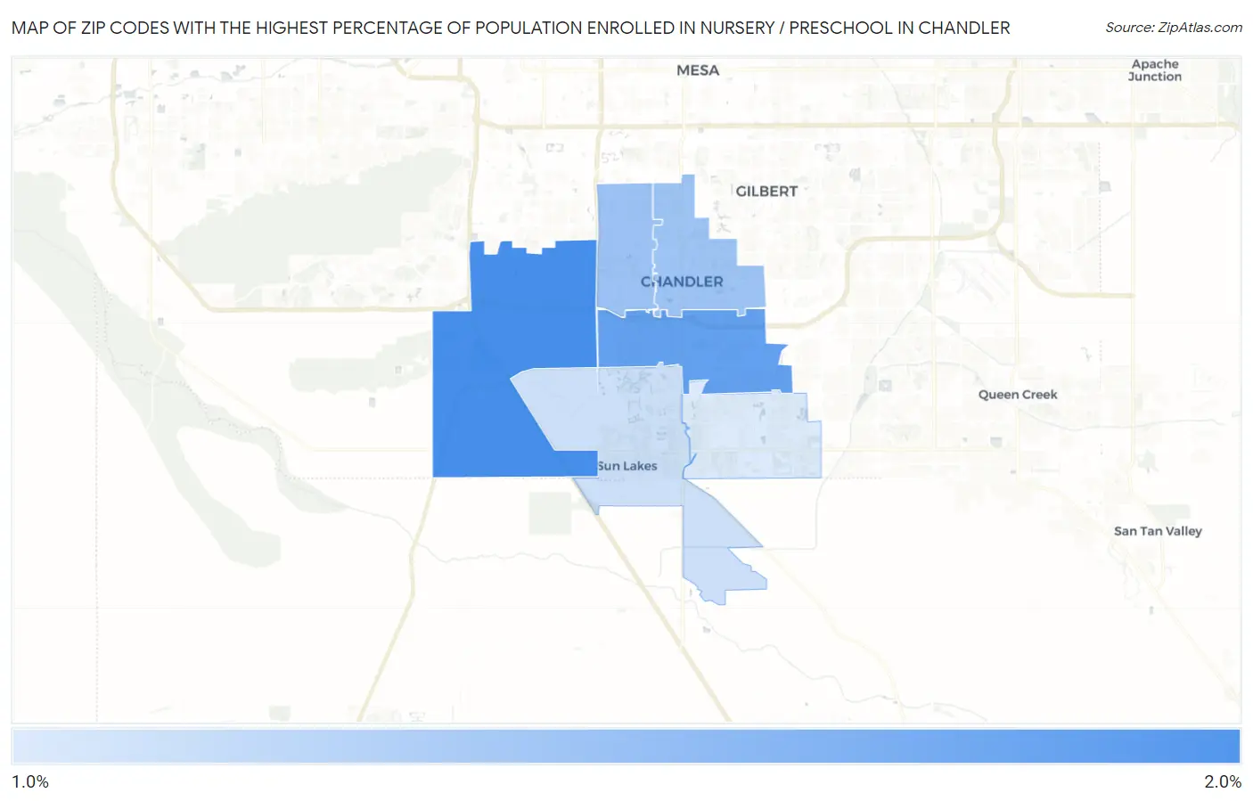 Zip Codes with the Highest Percentage of Population Enrolled in Nursery / Preschool in Chandler Map