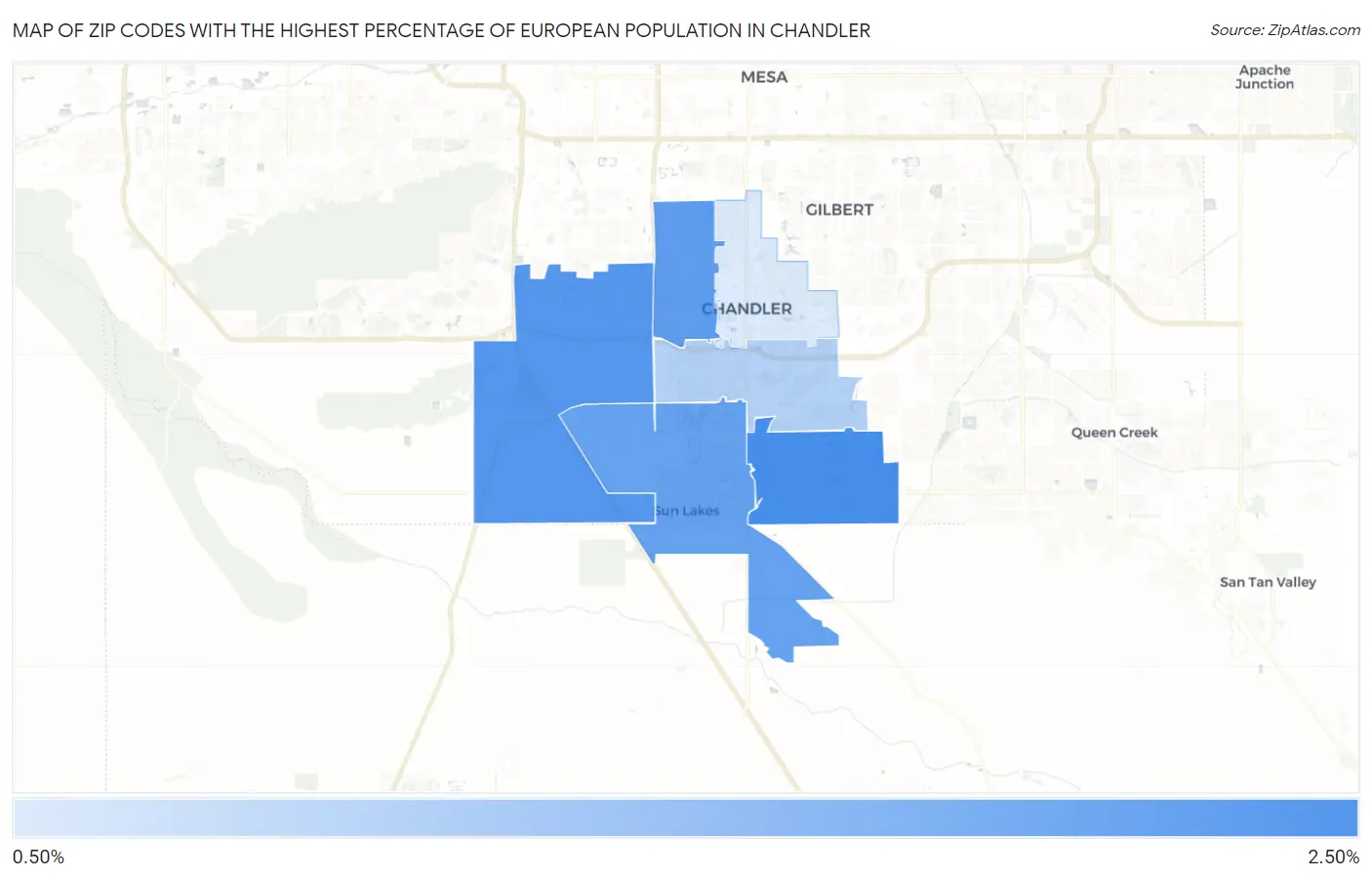 Zip Codes with the Highest Percentage of European Population in Chandler Map