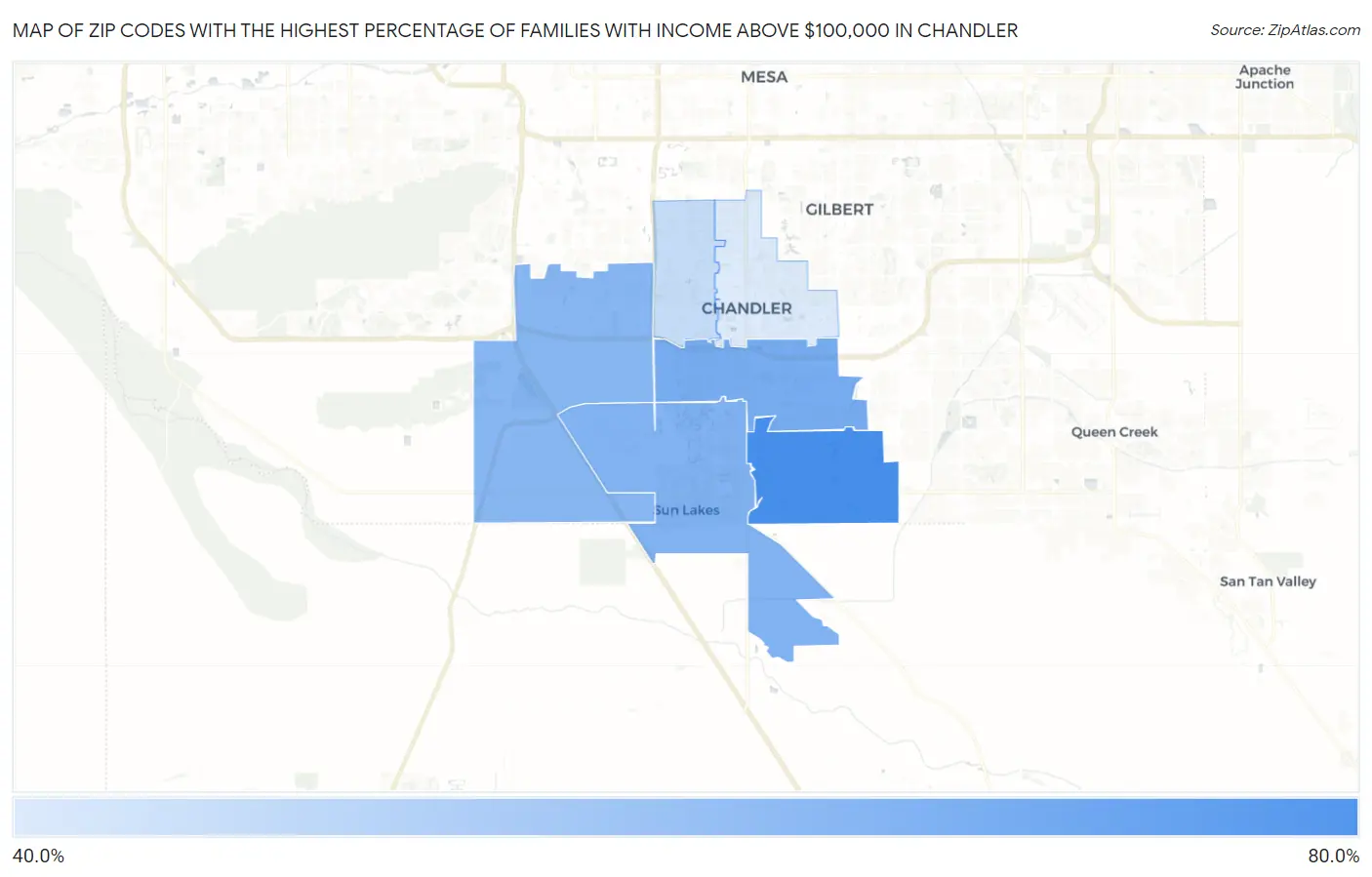 Zip Codes with the Highest Percentage of Families with Income Above $100,000 in Chandler Map