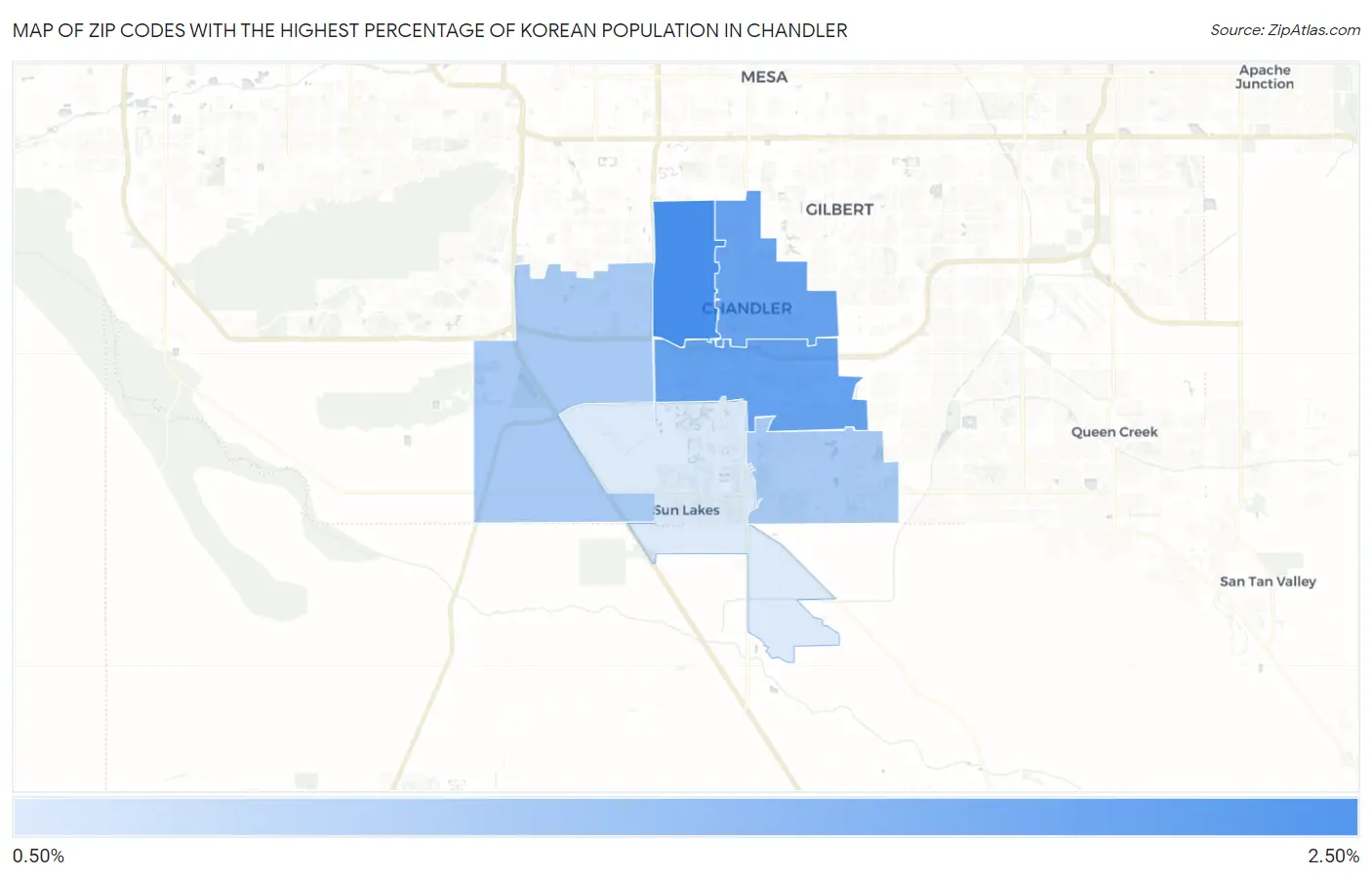 Zip Codes with the Highest Percentage of Korean Population in Chandler Map