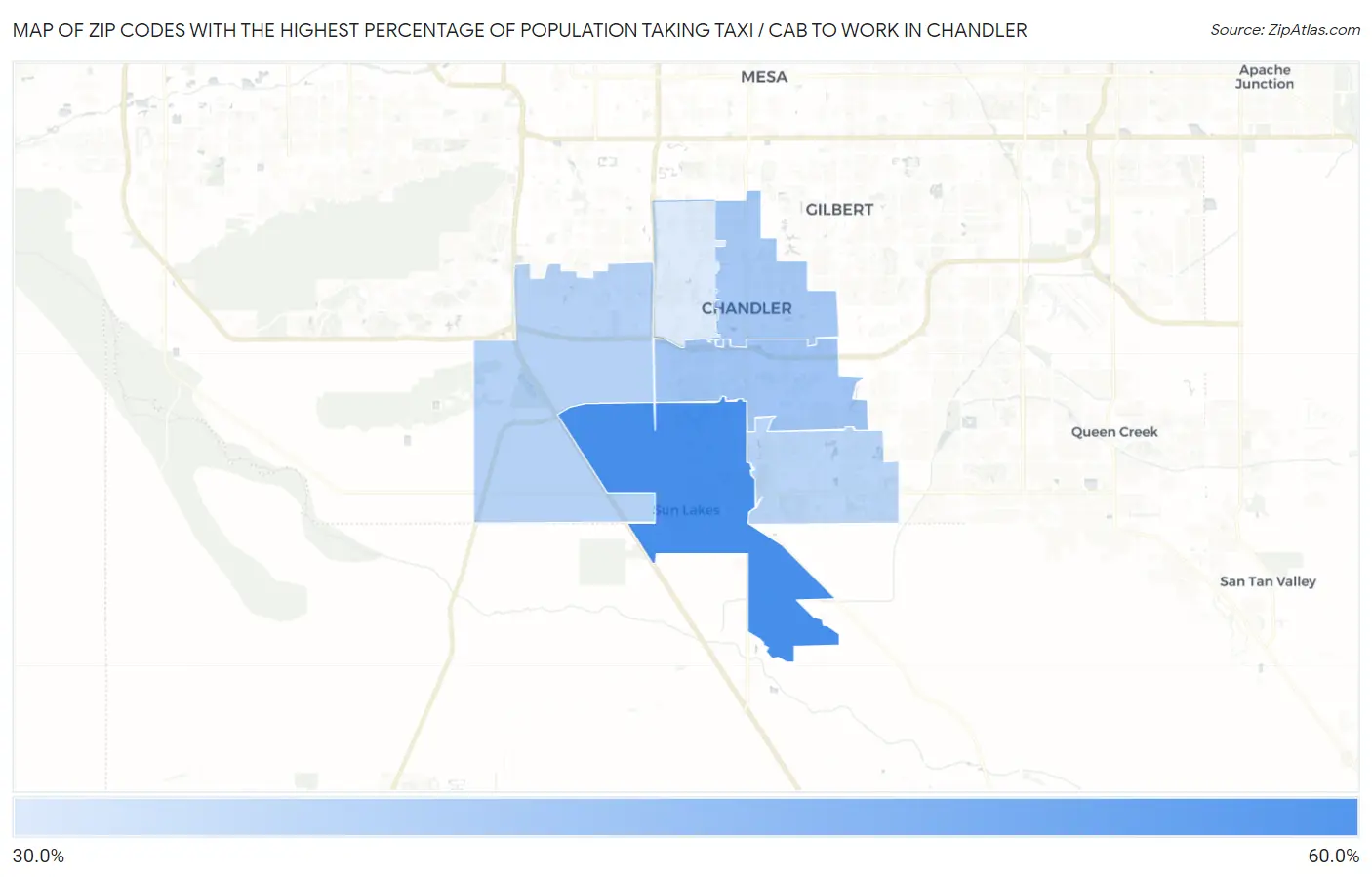 Zip Codes with the Highest Percentage of Population Taking Taxi / Cab to Work in Chandler Map