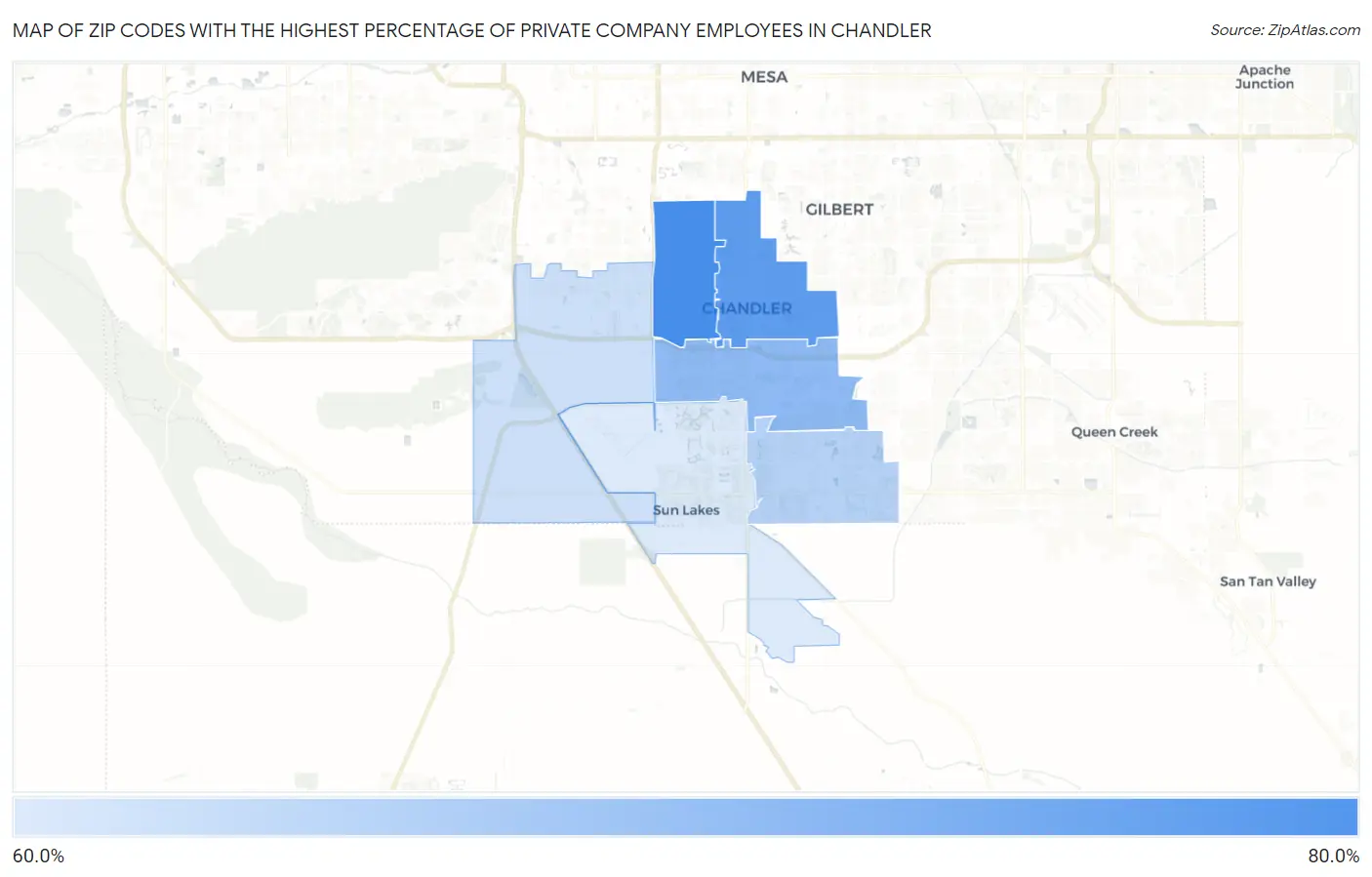 Zip Codes with the Highest Percentage of Private Company Employees in Chandler Map