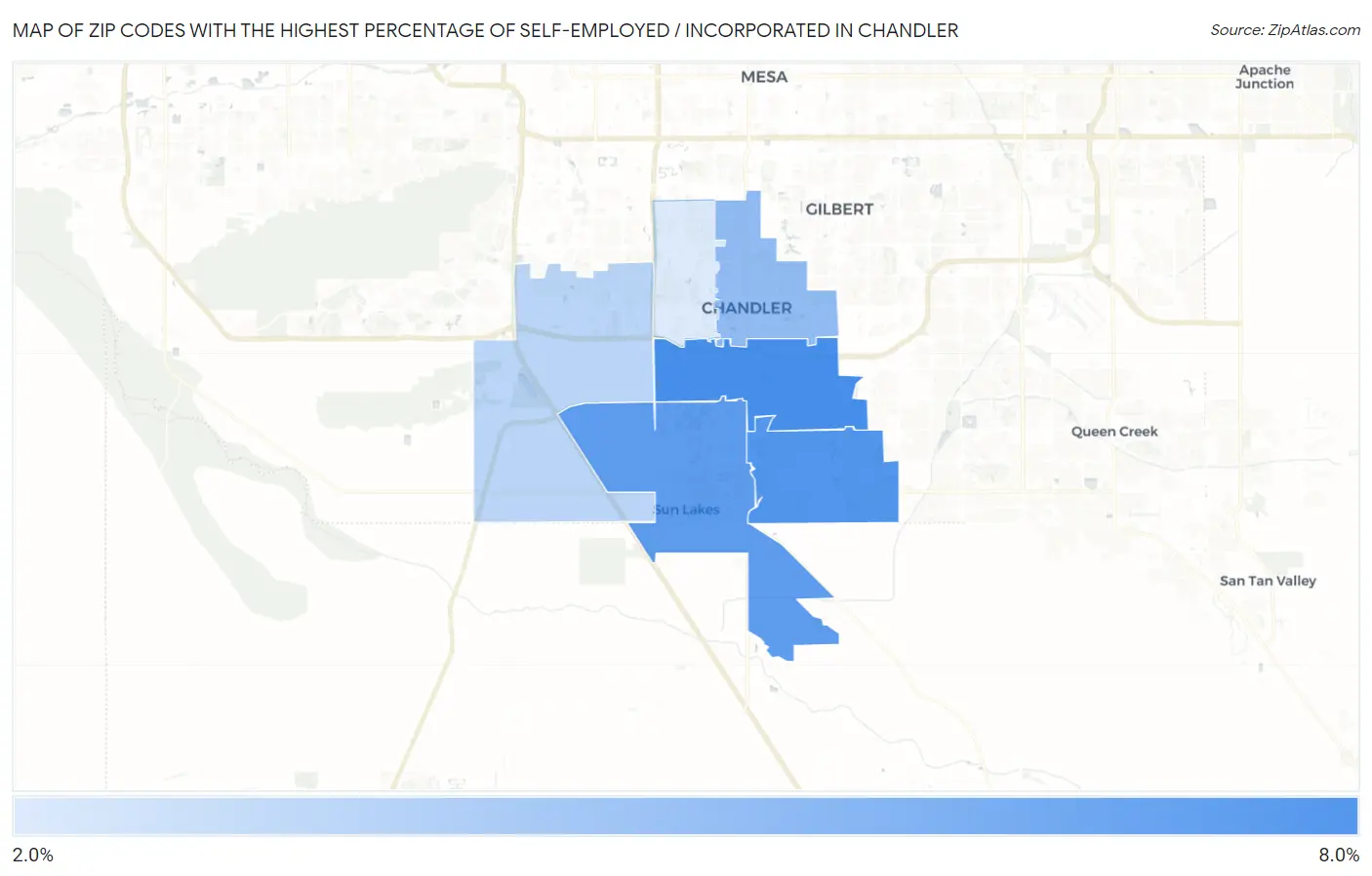 Zip Codes with the Highest Percentage of Self-Employed / Incorporated in Chandler Map