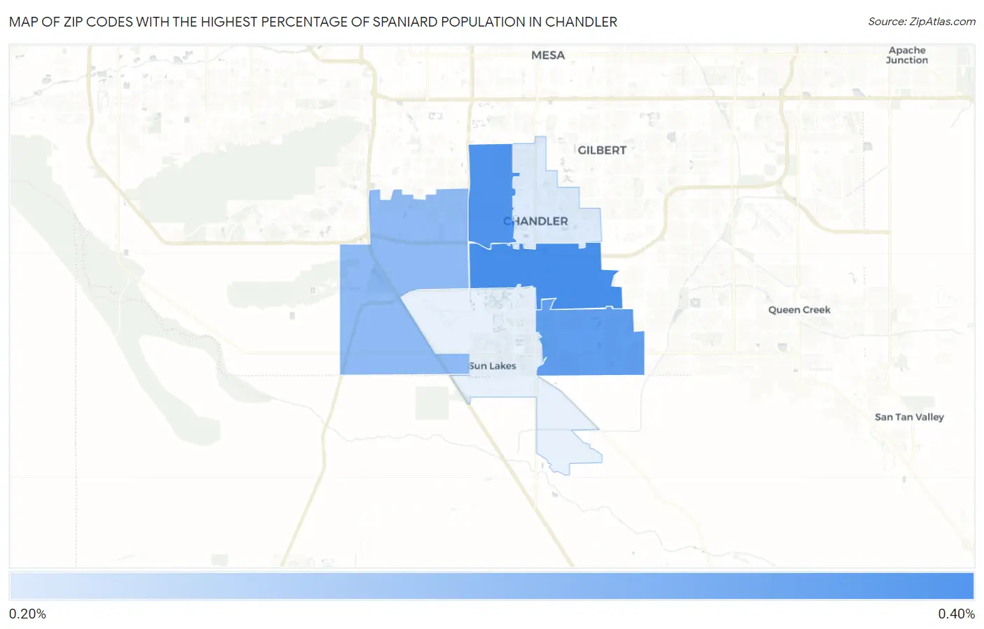 Zip Codes with the Highest Percentage of Spaniard Population in Chandler Map