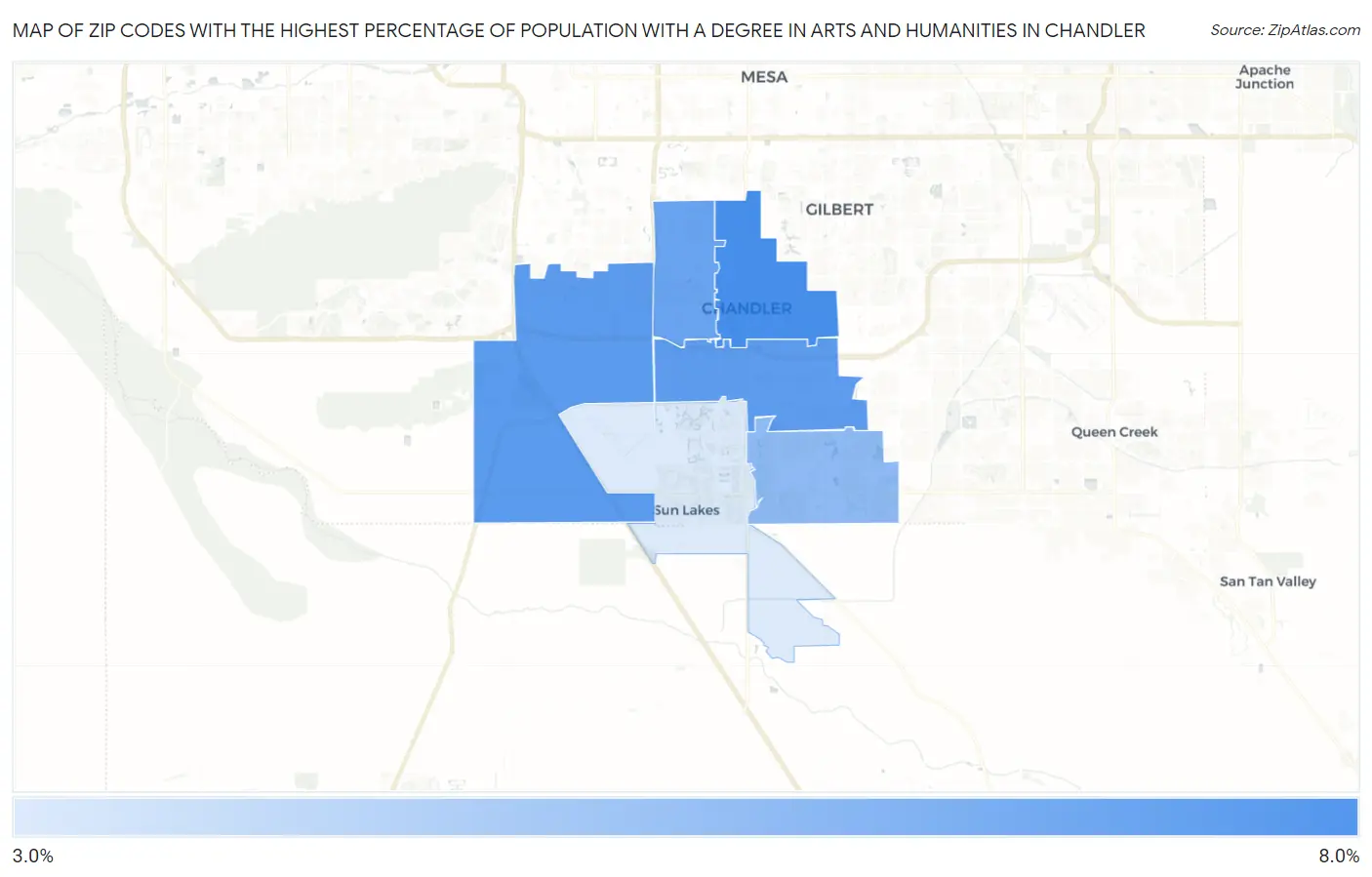 Zip Codes with the Highest Percentage of Population with a Degree in Arts and Humanities in Chandler Map