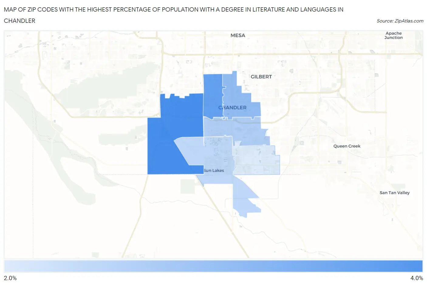 Zip Codes with the Highest Percentage of Population with a Degree in Literature and Languages in Chandler Map
