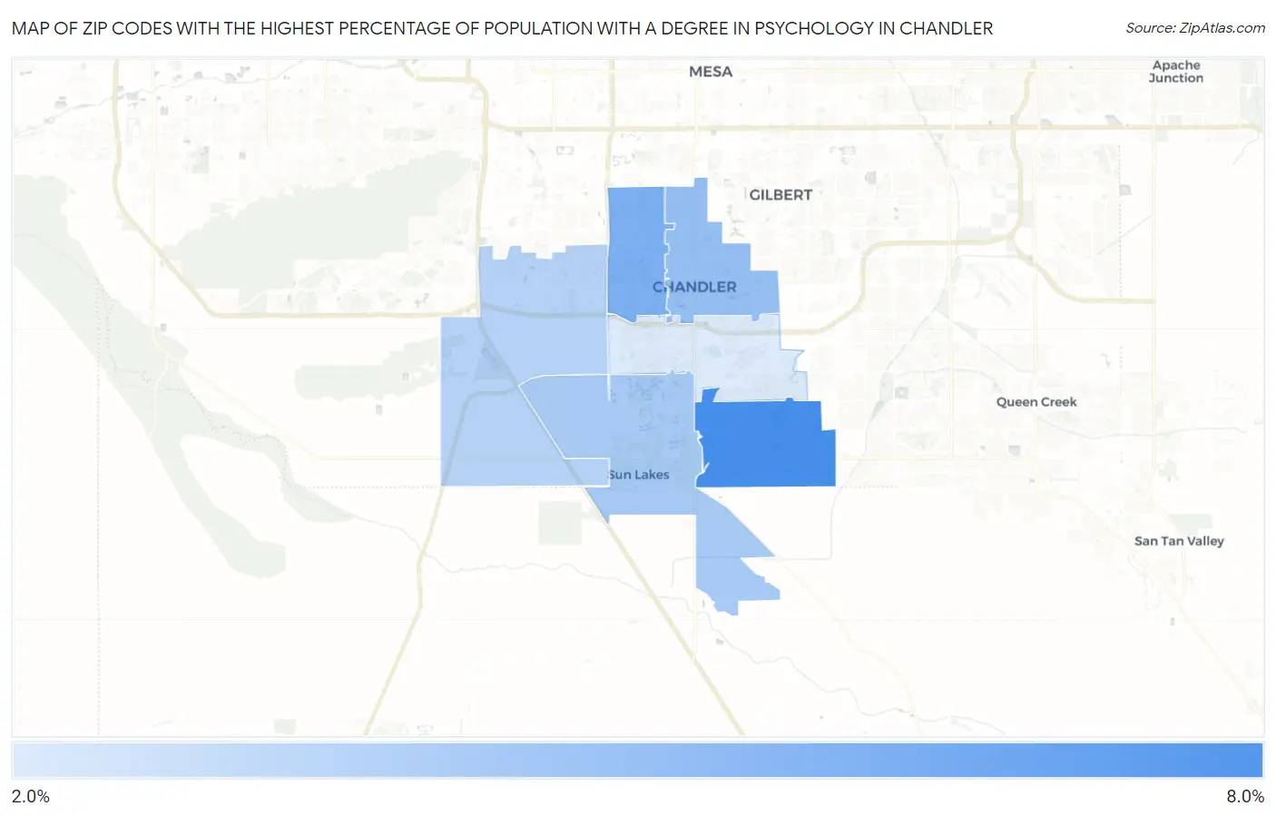 Zip Codes with the Highest Percentage of Population with a Degree in Psychology in Chandler Map