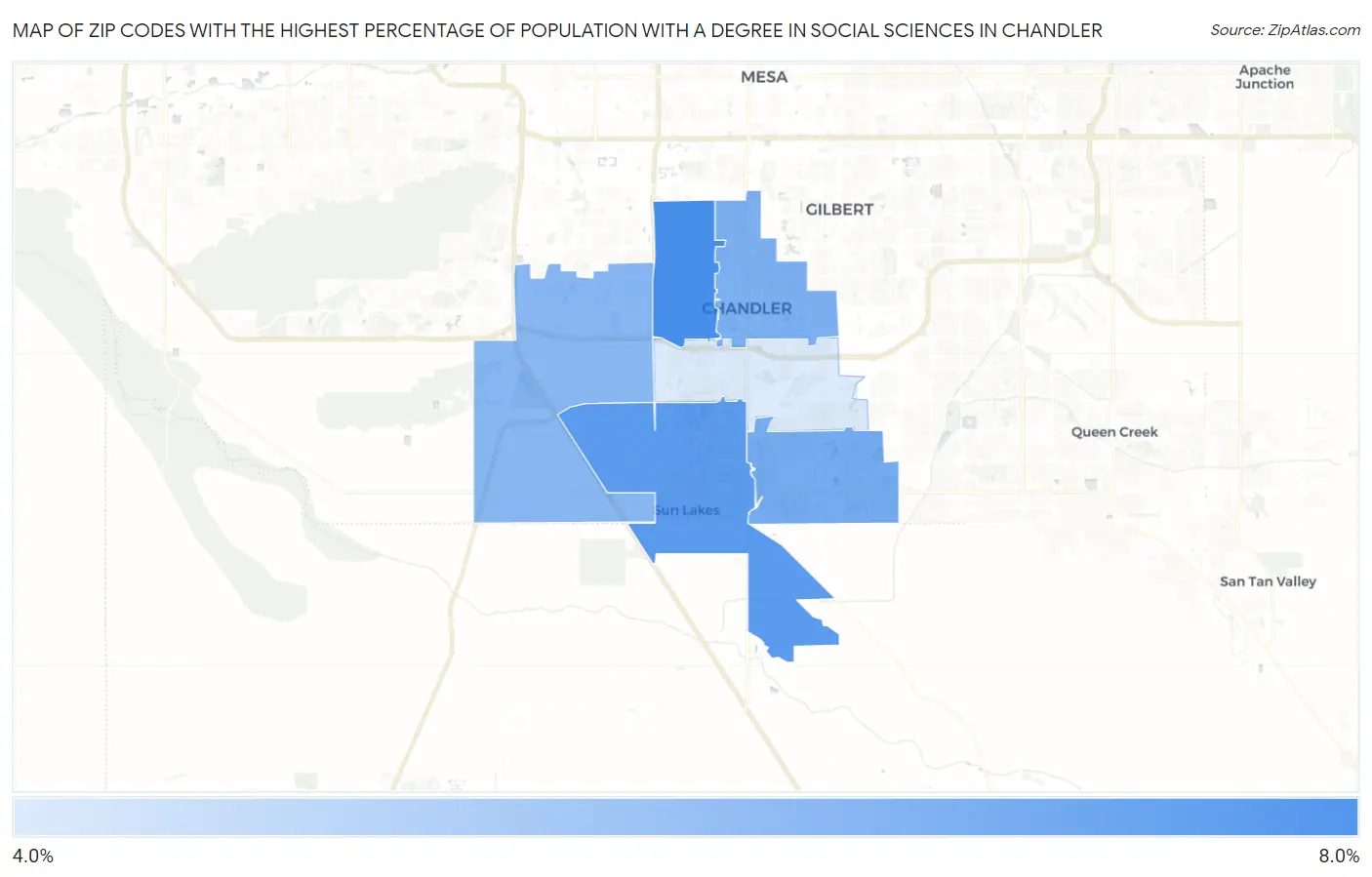 Zip Codes with the Highest Percentage of Population with a Degree in Social Sciences in Chandler Map