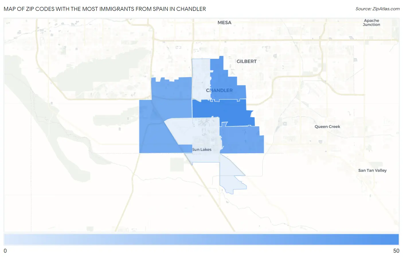 Zip Codes with the Most Immigrants from Spain in Chandler Map