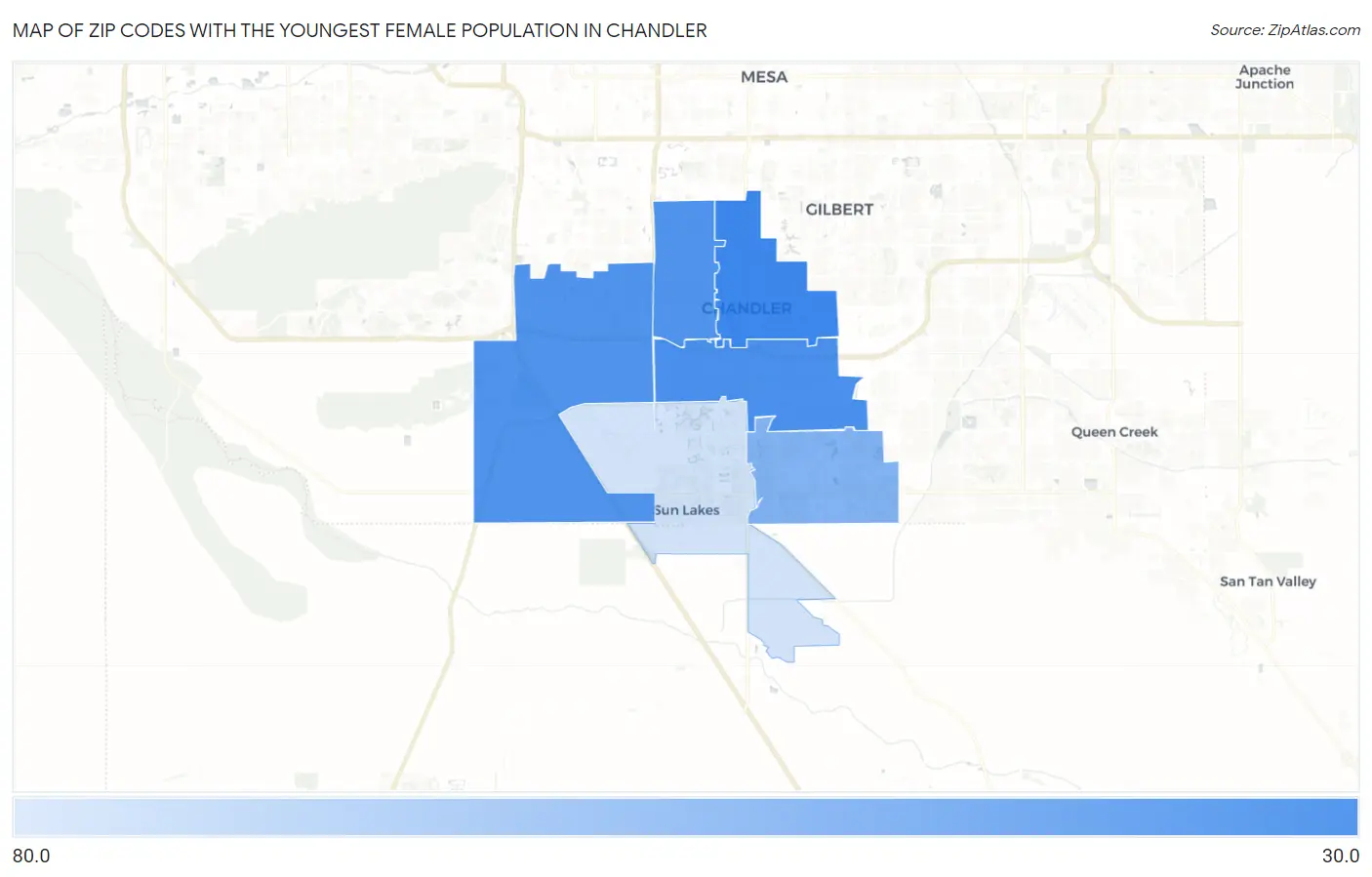 Zip Codes with the Youngest Female Population in Chandler Map