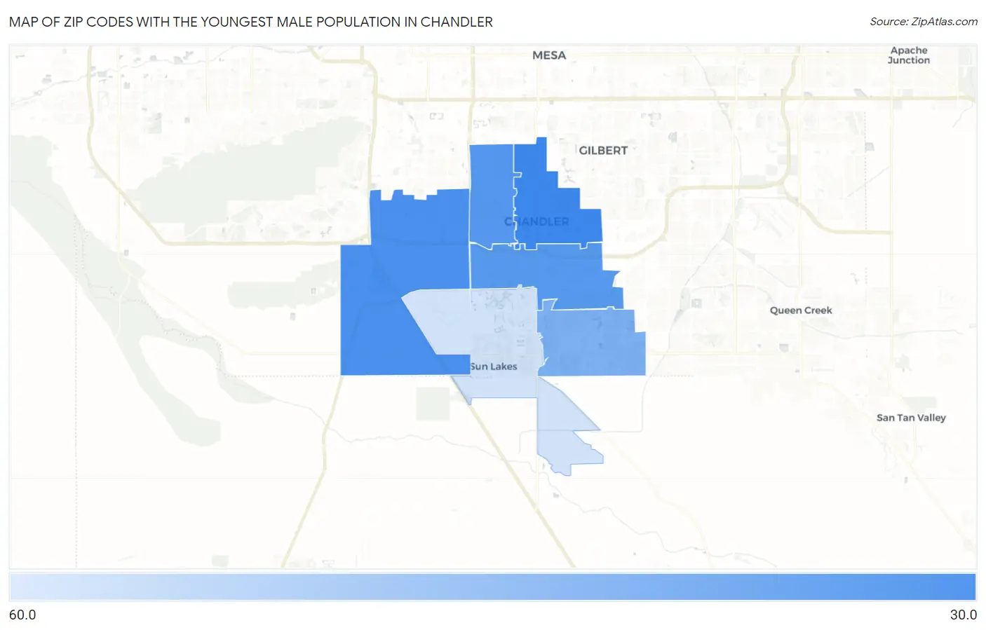 Zip Codes with the Youngest Male Population in Chandler Map