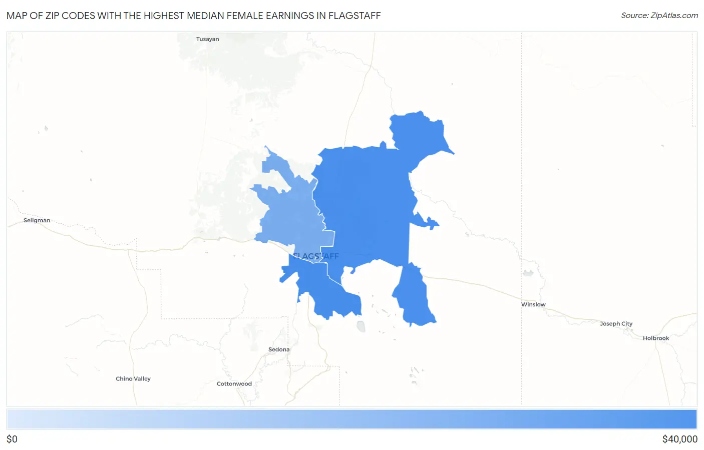 Zip Codes with the Highest Median Female Earnings in Flagstaff Map