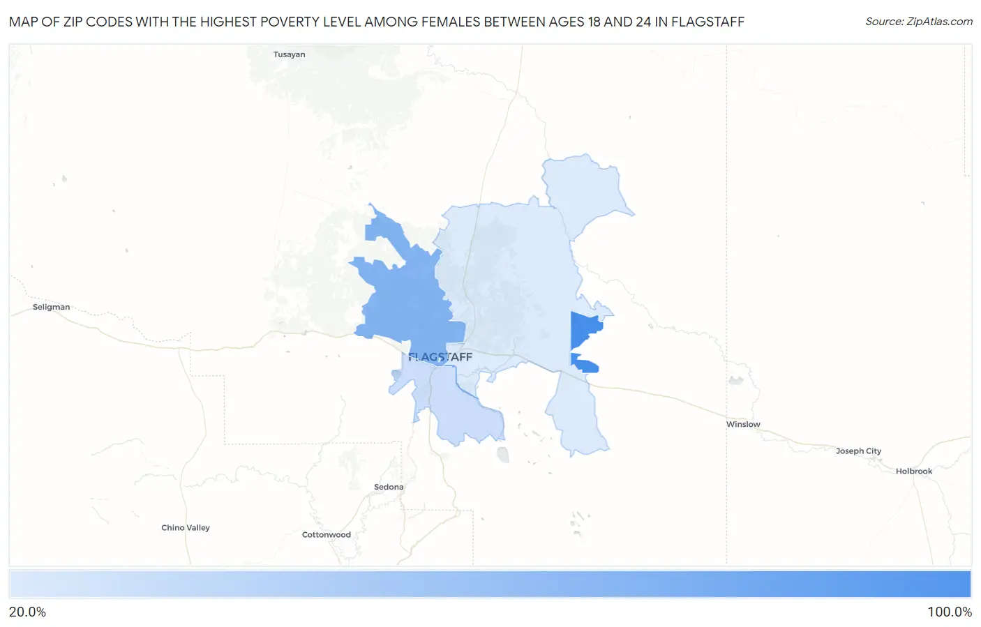 Zip Codes with the Highest Poverty Level Among Females Between Ages 18 and 24 in Flagstaff Map