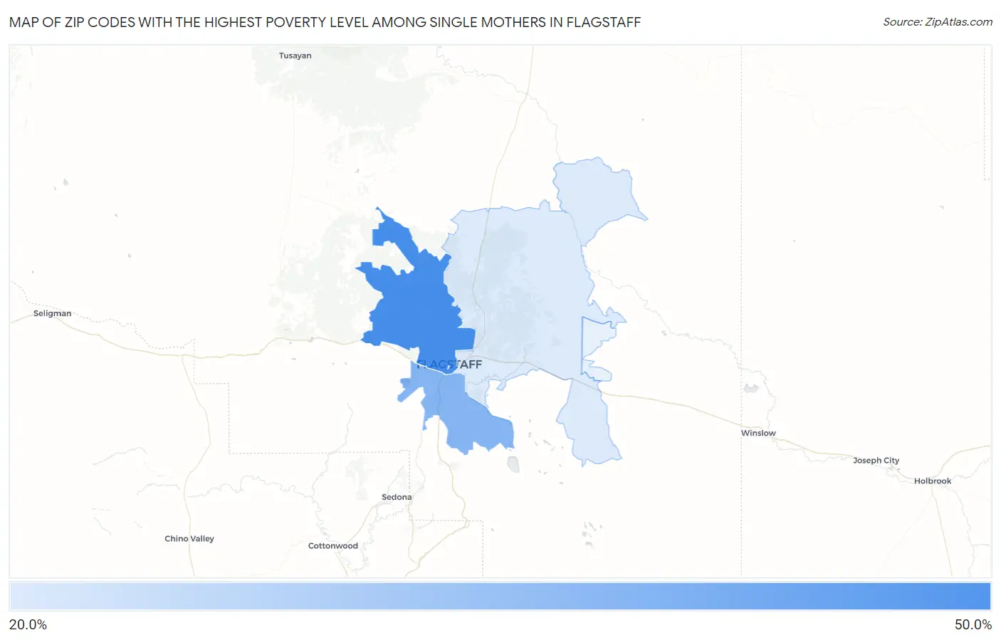 Zip Codes with the Highest Poverty Level Among Single Mothers in Flagstaff Map